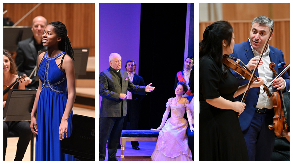 A series of 3 photos, of Jeneba Kanneh-Mason, a black women performing by a piano, Tom Allen, a white man performing with students, and Maxim Vengerov, a white man interacting with a student, holding a violin.
